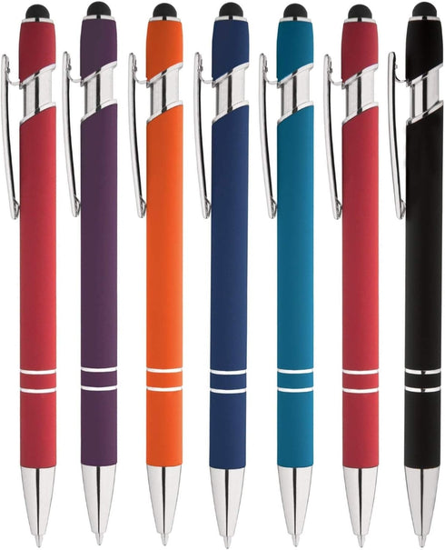 Rainbow Rubberized Soft Touch Ballpoint Pen with Stylus Tip - Premium Metal Pen, Black Ink, Box of 7 (Assortment)