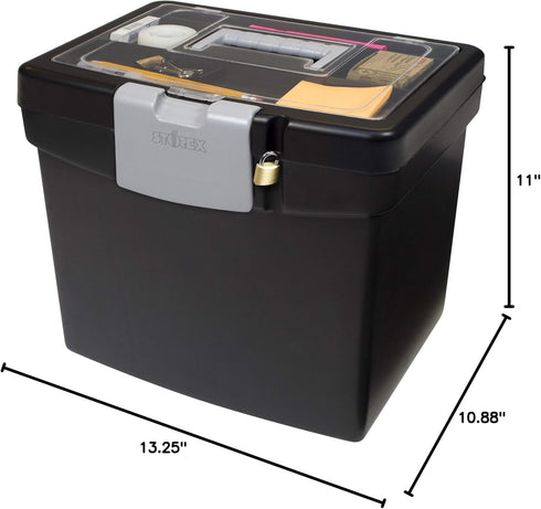 Storex Portable File Storage Box with Translucent Organizer Lid for Letter Paper, Black