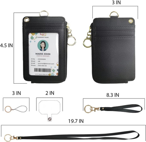 Black Lanyards for Id Badges, Pu Leather ID Badge Card Holder Wallet with 1 Clear ID Window, 4 Credit Card Slots, 1 Side Zipper Pocket,Wrist Strap, Neck Lanyard,Phone Holder, Ring Keychain by bolimoss