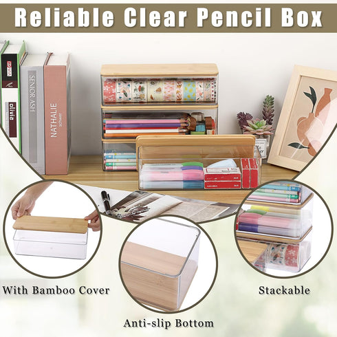 4 Pack BTSKY Clear Pencil Box with Bamboo Lids, Stackable Office Supplies Storage Containers, Hard Plastic Pencil Case