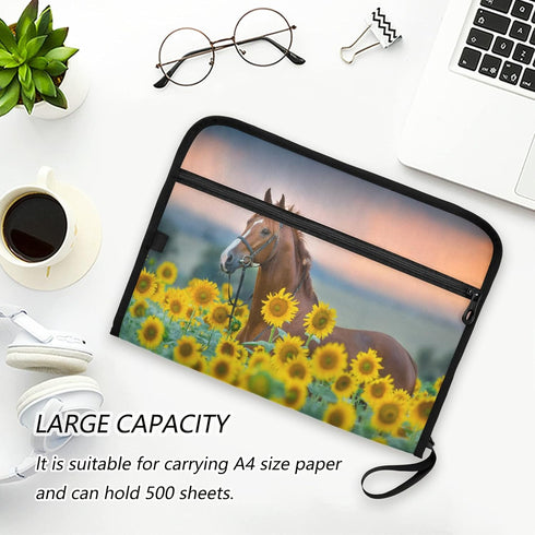Horse Sunflowers Field Accordion Document Files Organizer, 13 Pockets, Yellow Floral Expanding File Folder for A4