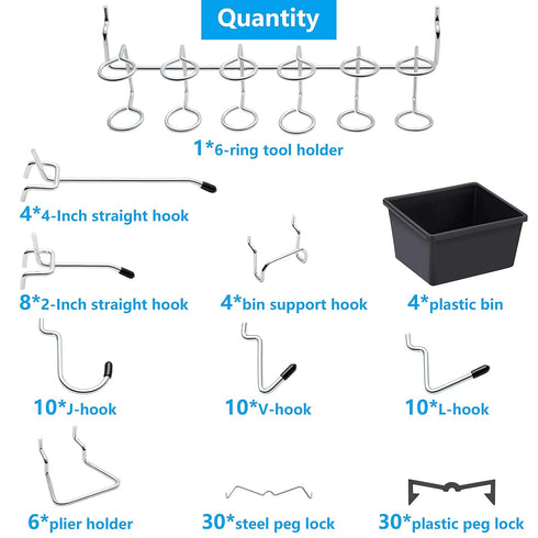 FRIMOONY Pegboard Hooks with Bins, 117 PCS, for Organizing Various Tools, 60 Peg Locks Included