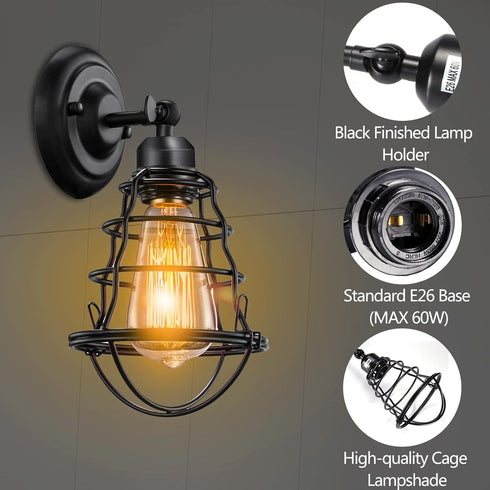 Set Asnxcju Industrial Wall Sconces of Two, Farmhouse Wall Sconce, Vintage Wire Cage Wall Lighting Sconce, Black Wall