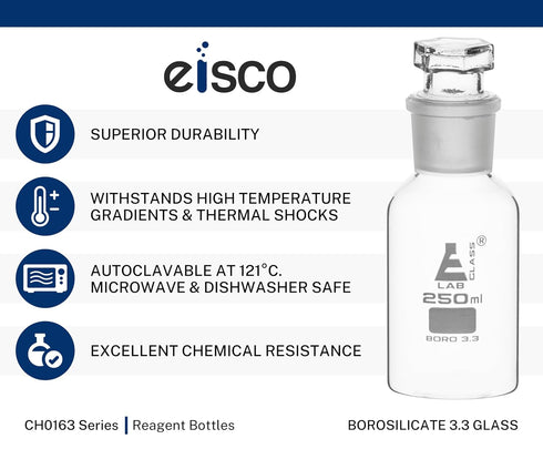 Eisco Labs 60ml Borosilicate Glass Reagent Bottle with Wide Mouth and Stopper
