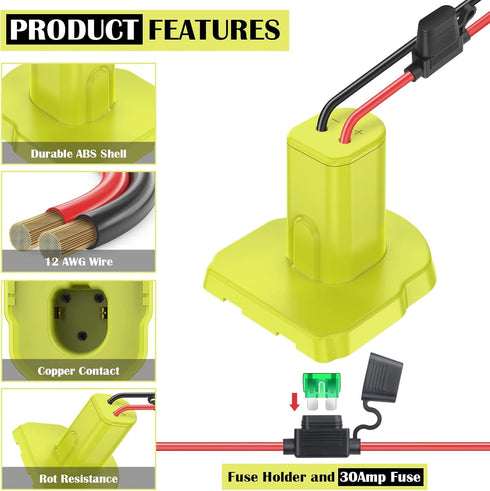 2 Packs Power Wheel Adapter for Ryobi 18V Battery, Conversion Kit with Fuses & 12AWG Wire for DIY RC Toys