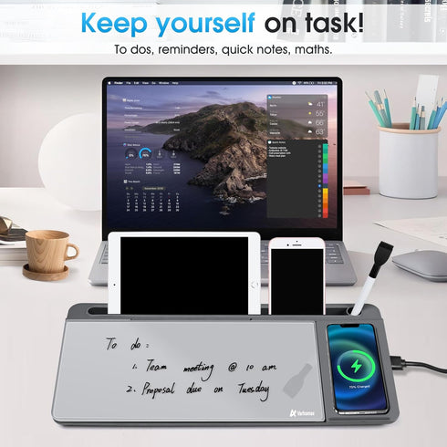 Varhomax Glass Desk Whiteboard with Wireless Charger, Dry Erase Board with Storage for Home and Office