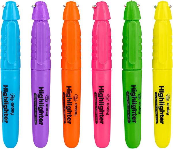 Enday Mini Highlighter Set, Assorted Colors with Chisel Tip, Cap with Clip & Keychain Ring, Fluorescent Yellow, Green,