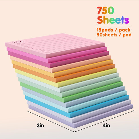 EOOUT 15 Pack Lined Sticky Notes, 3"x4", 750 Sheets, to Do List Notepad, Sticky Notes with Lines,15 Colors, Square Sticky Notes for Office, Meeting, School, Home by EOOUT
