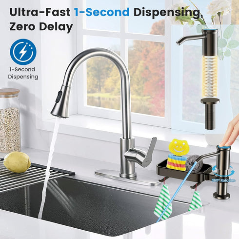 Countertop Soap Dispenser for Kitchen Sink, Built in Sink Soap Dispenser with Sponge Rack, Soap Dispenser Pump