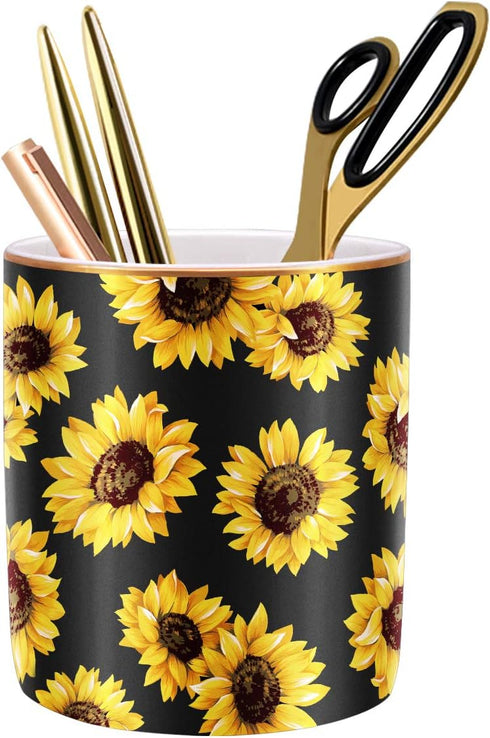 WAVEYU Cute Floral Pattern Pen Holder, Durable Ceramic Pencil Cup for Desk, Makeup Brush Organizer for Girls Women,