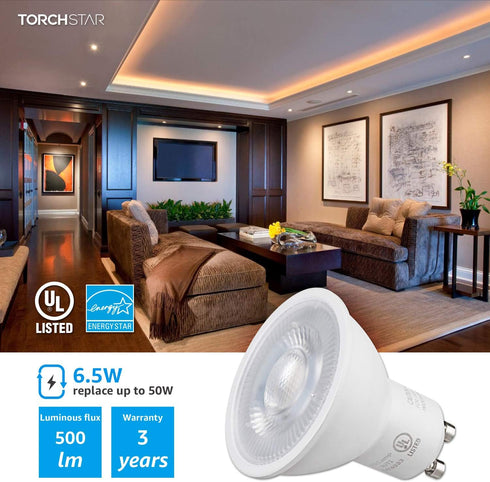 TORCHSTAR GU10 LED Bulbs, Dimmable, 500LM, 50W Halogen Equivalent, 3000K Warm White, 40 Beam Angle, Pack of 6