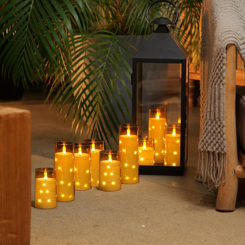 9 Homemory Pcs Flameless Candles with Embedded Star String Fairy Lights, Battery Operated Candles, LED Candle, Fake
