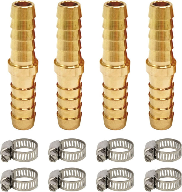LIONMAX Barb Splicer Mender, 4 PCS Brass Barb Union Hose Fittings, 5/16 Inch to 5/16 Inch with 8 Hose Clamps