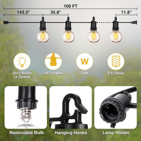 Lights,100FT 32 Bulbs, 2700K Dimmable ZJOJO LED Outdoor String Outdoor Lights for Patio with Shatterproof Waterproof