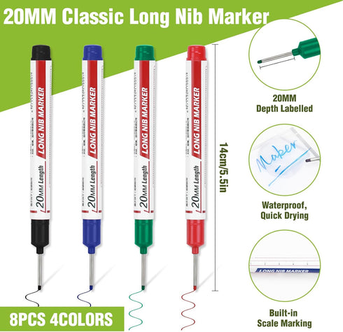 8pcs 20mm 4 Azureblue Long Nib Marker, Long Head Deep Hole Marker Pens, Waterproof Construction Markers Marking Tool