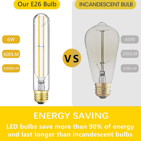 7.3 Inch T10 Bulb 60 Dimmable 3000K E26 Bulb, AC120V 600lm,6W Bulb sconces,4 Pack(6w-3000k) LED Watt, Soft White Edison