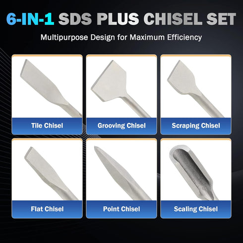 ZELCAN 6pc Chisel Set with SDS Plus Shanks, Masonry Concrete Drill Bit Set, Tile Grooving Scraping Flat Point Scaling