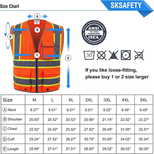 SKSAFETY Class 2 High Visibility Safety Vest with 10 Pockets, Zipper, Reflective Strips for Men & Women (Orange, M)