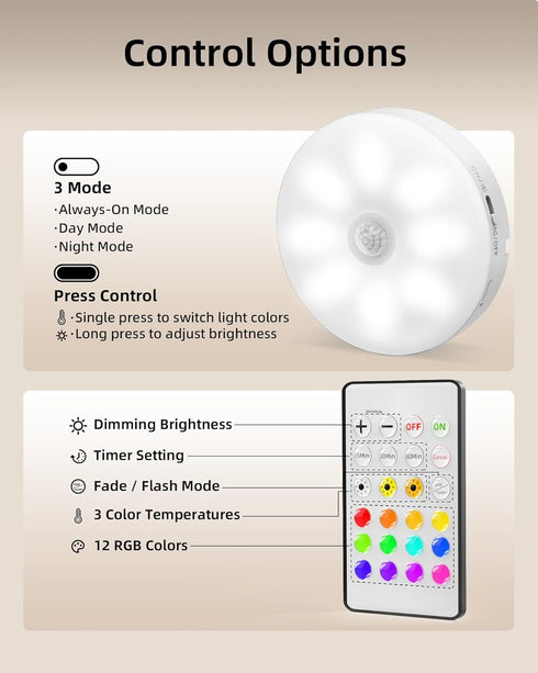 6-Pack 3 12 Dimmable Counter EZVALO Under Cabinet Lighting, Rechargeable Motion Sensor Puck Light with Remote, Color