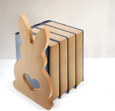 Charming Wooden Bunny Bookends for Desk Cute Rabbit Design Book Holder Shelf Organizer Compact Desk and Shelf Storage