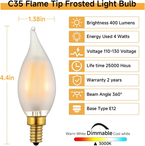 C11/C35 E12 Dimmable Bulb, 4W 3000K 6-Pack LED Filament Candle Warm White Frosted Glass, Ideal for Chandeliers, Wall