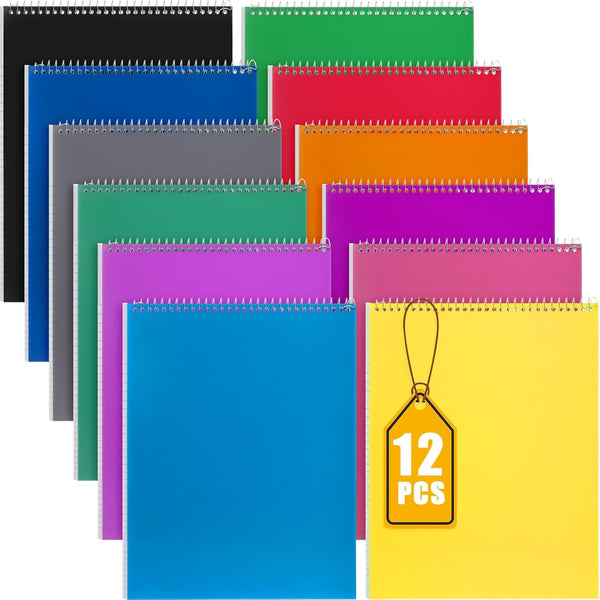 Faccito 12 Pack Spiral Notebook, Top Bound, 11" x 8-1/2", 100 Sheets College Ruled Paper, Assorted Colors