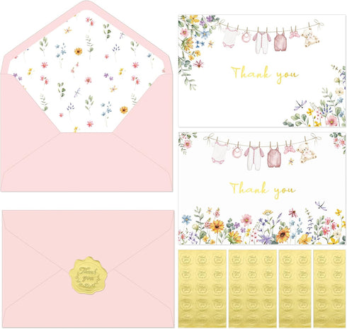 Thboxes 50 Pack Pink Baby Shower Thank You Cards with Envelopes and