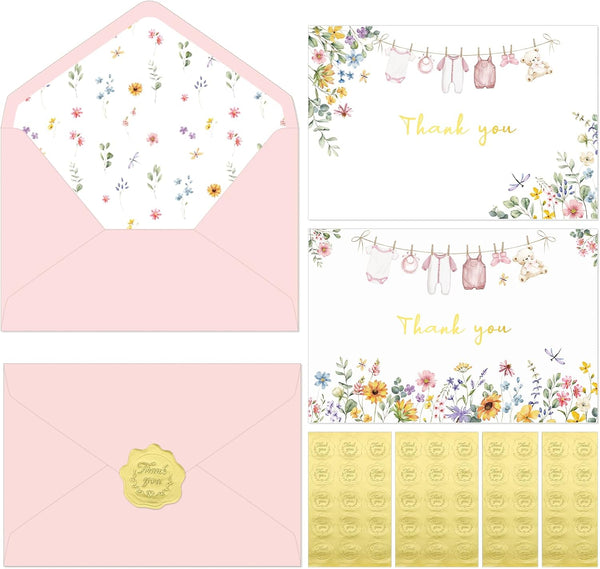 Thboxes 50 Pack Pink Baby Shower Thank You Cards with Envelopes and