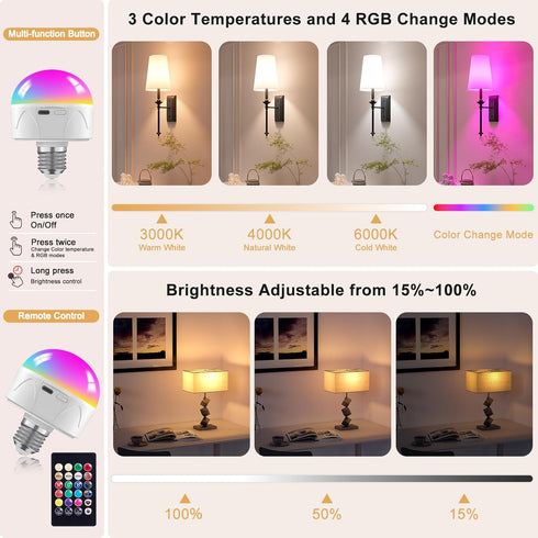 2Pack Rechargeable Light Bulbs with Remote E26/E12 Battery Operated Light Bulb 2200mAh, 3 Color Temperatures/Timer/Dimmer/Color Changing Puck Lights with Remote, Cordless Light Bulb for Non-Hardwired by HYDONG