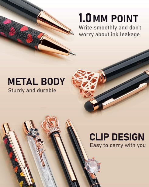WEMATE 8Pcs Ballpoint Pens Set Metal Crystal Diamond Pen Glitter Pen for Journaling Black Pen Bling in Black & Blue Ink Pretty Cute Pens Fancy Pens Gifts for Women Wedding School Office Desk(Black) by WEMATE
