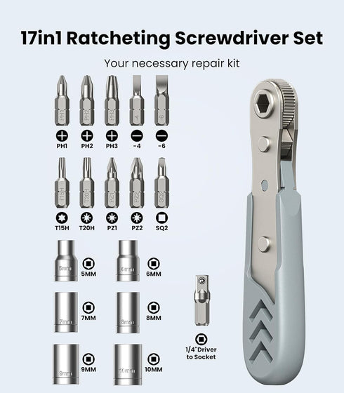 17in1 Right Angle Ratcheting Screwdriver Set, 36-Tooth Mini Ratchet Wrench, Men Gifts, Magnetic Offset Repair Tool