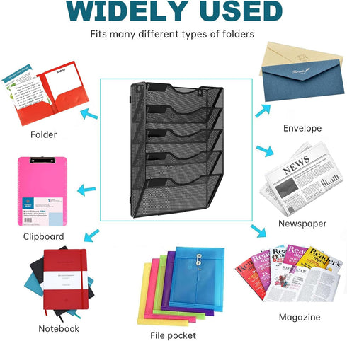 PAG 5 Tier Hanging Wall File Holder, Mesh Office Organizer for Papers/Folders/Files, Black