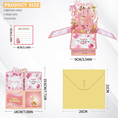 FOBELEC 16th 16 3D Birthday Card with Envelopes for Girls, Birthday Decorations for Daughter, Sweet Bday Gift Box