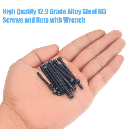 DYWISHKEY 200 Pieces M3 Hex Socket Head Cap Bolts Screws Nuts Kit with Hex Wrench, 12.9 Grade Alloy Steel