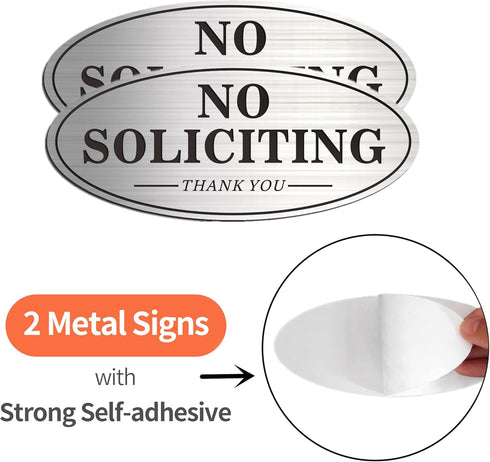 House Door No Soliciting Sign Metal, 2 Pack Silver Color, Self-Adhesive Modern Design Aluminum Signs for Office Home
