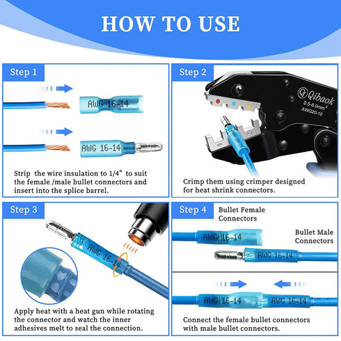 Qibaok 320PCS Heat Shrink Bullet Connectors Kit, Female & Male Bullet Butt Terminals for Waterproof Electrical