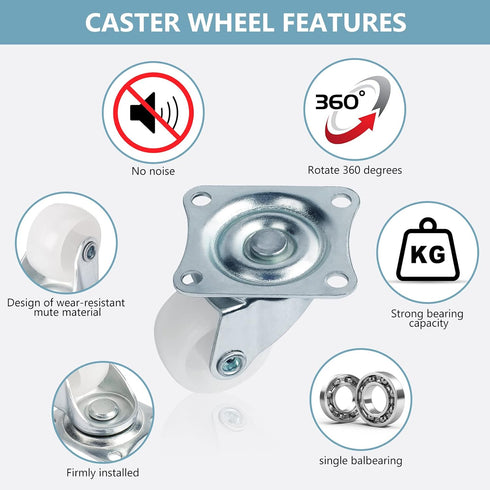1" Low Profile Caster Wheels Set of 4, No Noise Casters for Furniture, 360 Degree Top Plate