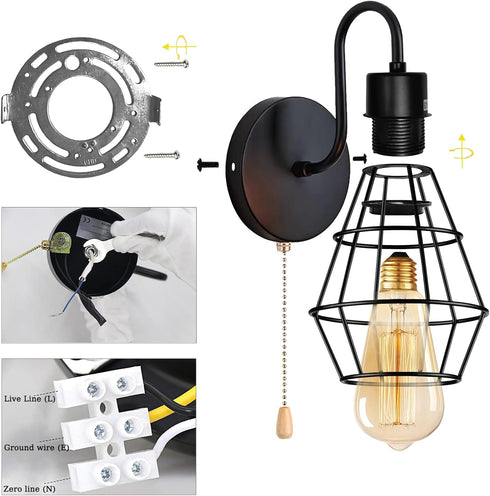 E26 (1-Light, Bulb) Pull Chain Wall Sconce Wire Cage Wall Light Fixtures with On Off Switch Hardwired Black Metal