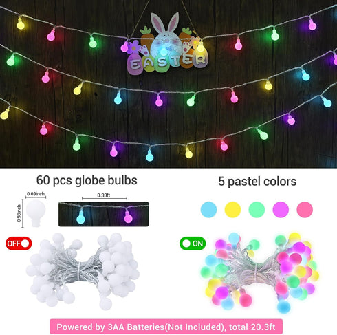 19.3ft 60 LYHOPE Easter Pastel Light, LED Globe Decoration Lights, Battery Powered Pastel String Lights for Easter