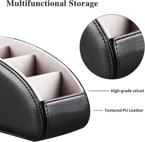 YAPISHI Large Leather TV Remote Control Holder Organizer Black with 5 Compartments Nightstand Desktop Media DVD Player Remote Tray Caddy Storage Box for Mobile Phone Pen Office Stationery Controllers by YAPISHI