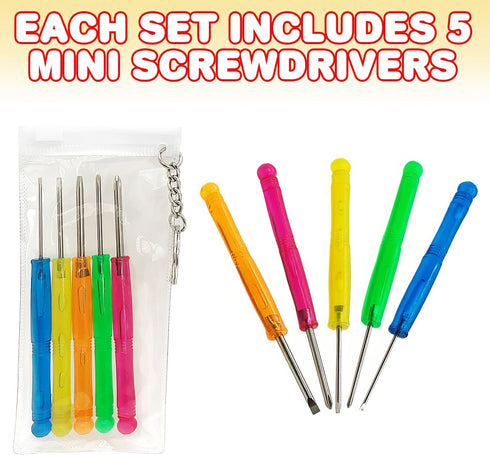 ArtCreativity 5 PC Mini Screwdriver Keychain Set, Pack of 12 with Portable Pouch, Birthday Party Favors