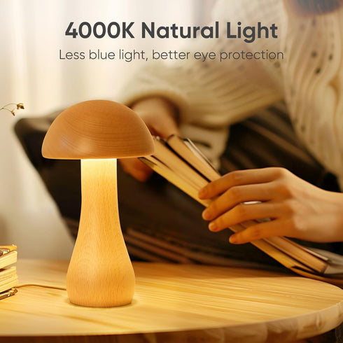 LONRISWAY Dimming, 360 Wooden Mushroom Lamp, Portable Cordless Touch Switch Rechargeable Battery Operated Lamp,Stepless