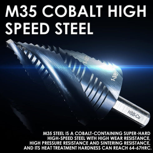 M35 Cobalt Step Drill Bit, Four Spiral Flute Unibit (1/4"-1-3/8") Wear-Resistant TiAlN Coated, 3/8" Shank for Metal,