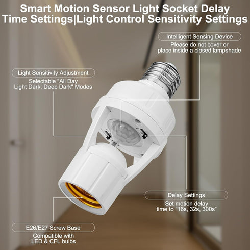 E26/E27 Screw in Motion Sensor Light Socket, Socket Adapter with Dusk to Dawn & Motion Detection, Auto On/Off Smart
