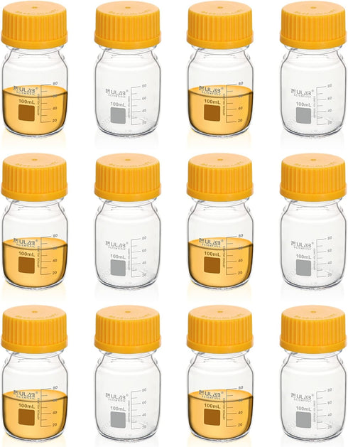 ULAB Round Media Storage Bottle, 100ml (3.4oz), 3.3 Borosilicate Glass, Pack of 12, GL45 Screw Cap