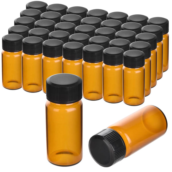 ESHATO 100 Pieces Glass Sample Vial, Liquid Sampling Small Glass Bottle with Black Plastic Screw Caps, 10ML, Brown