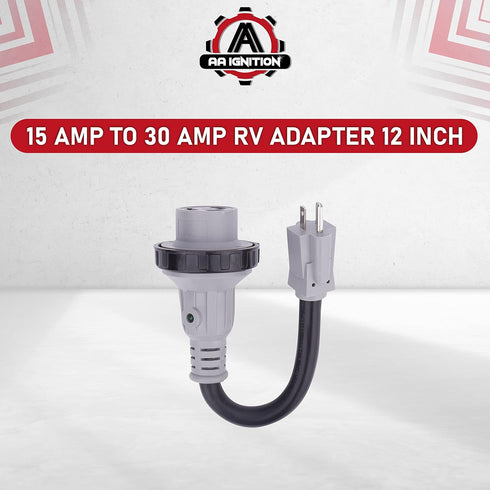 AA Ignition 15 Amp to 30 Amp RV Adapter, 12 Inch Dogbone Electrical Converter Plug, 5-15P Male to L5-30R Female,