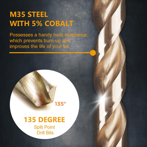 POWERTEC 1/2 Inch Cobalt Drill Bits, 4 Pack M35 HSS Jobber Length Twist Drill Bits for Wood, Metal, Stainless Steel.