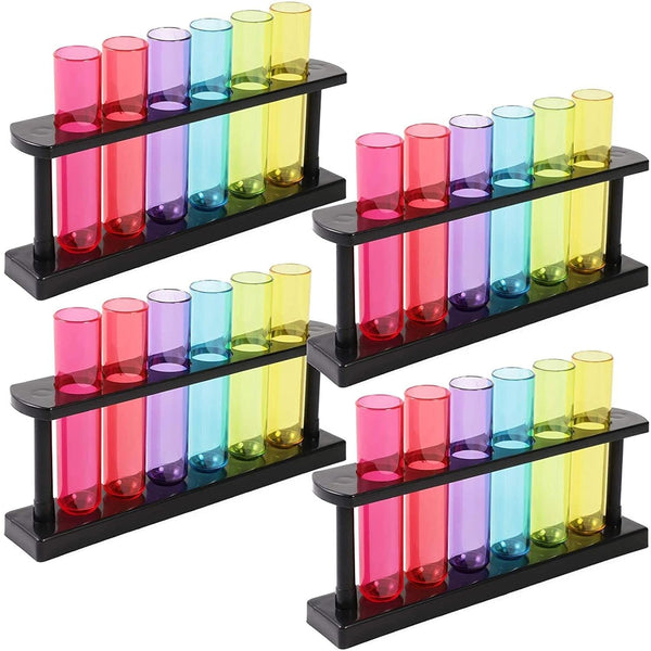 Juvale 4 Pack Plastic Test Tubes with Rack for Parties, 6 Colors (1.5 Ounces), Plant Propagation, Shot Glasses