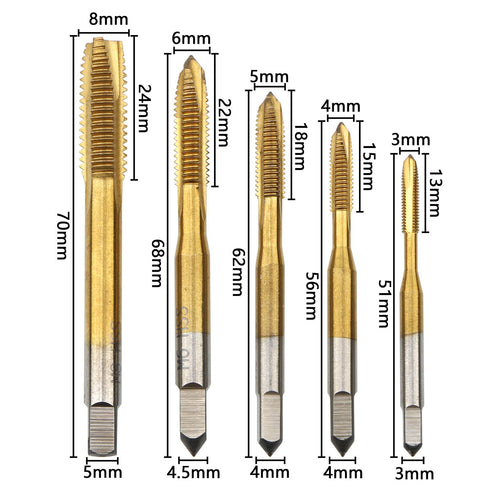 5Pcs Ti-Coated Metric Tap M3-M8, Straight Flute Thread Tap Mini Machine Screw Drill Tap for DIY